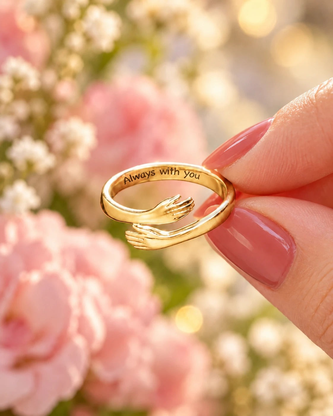 Kramringen i guld med gravyren Always with you, mot rosa blommor