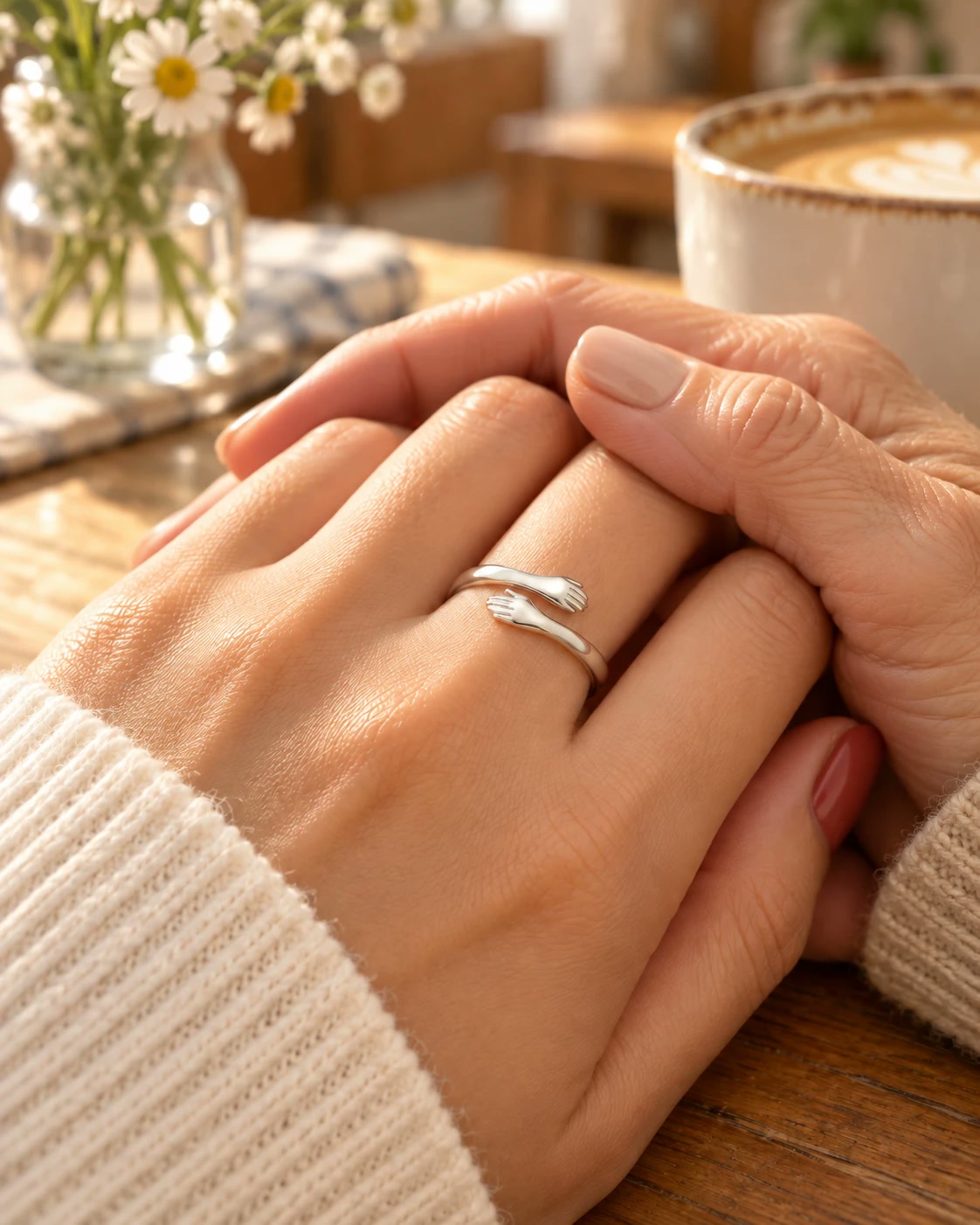 Mamma och dotter håller händer, dottern bär Kramringen